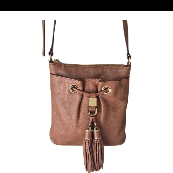Michael Kors Leather Crossbody Bag Women's Brown Pebble Tassels Logo Small - Picture 3 of 13